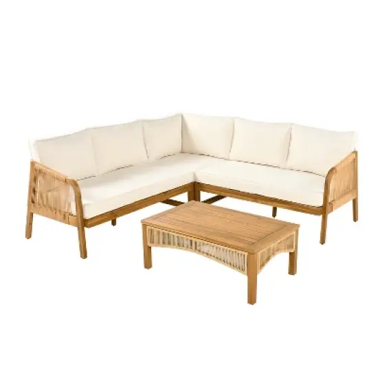 Christopher Knight Home Doretta Outdoor Acacia Wood and Rattan L Shape 5 Seater Seating Set with Cushions image {1}