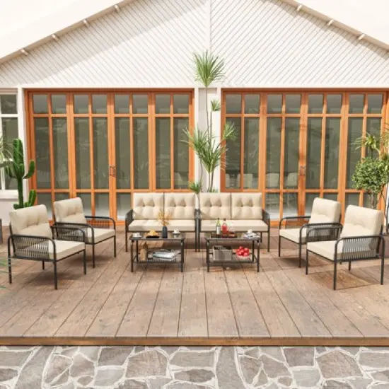 Costway 8 PCS Patio Furniture Set with Loveseat Tempered Glass Coffee Table & Soft Cushions image {8}