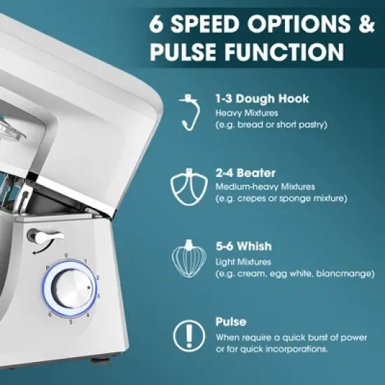 SUGIFT 7.5QT 6-Speed Electric Stand Mixer with Stainless Steel Bowl - Silver image {4}