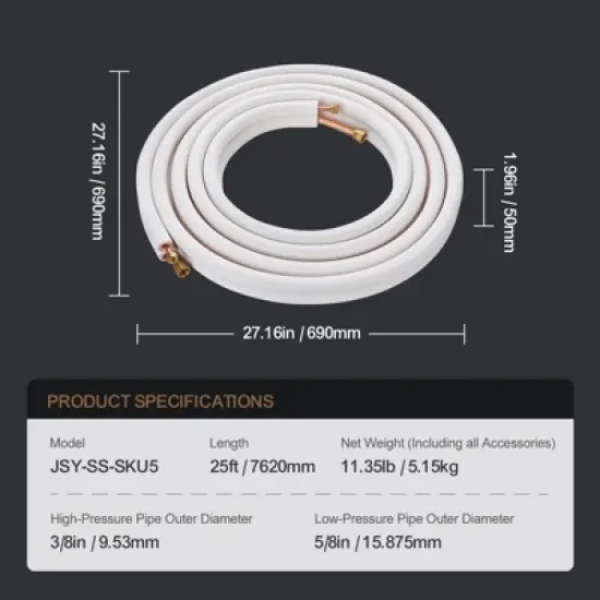 VEVOR 25FT Mini Split Line Set, 3/8" & 5/8" O.D Copper Pipes Tubing and Triple-Layer Insulation, for Mini Split Air Conditioning Refrigerant, White image {7}