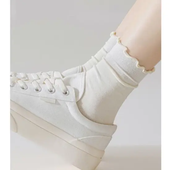 Anna-Kaci 4 Pairs Women's Ruffle Edge Crew Socks Soft Stretch Cotton Blend with High Elastic Cuffs in Assorted Solid Colors image {2}