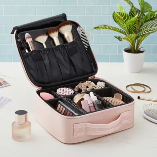 Glamlily Pink Makeup Organizer Travel Case Bag for Cosmetics Make Up, 10.2 x 9.4 x 3.7 in image {1}