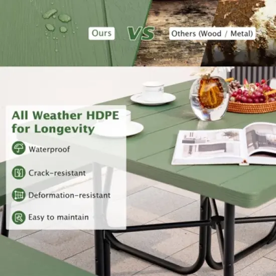 Tangkula 8-person Square Picnic Table Bench Set Outdoor Picnic Table with 4 Benches & Umbrella Hole 500 LBS Capacity Black/Grey/White/Green image {4}