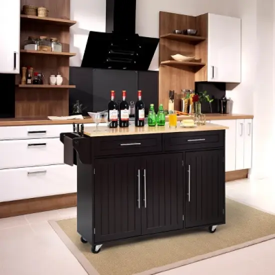 Costway Kitchen Island Trolley Cart Wood Top Rolling Storage Cabinet w/Knife Block WhiteBrown image {2}