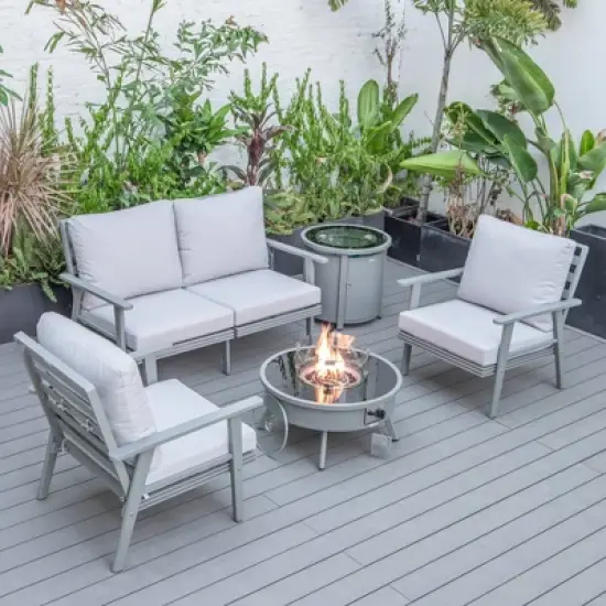 LeisureMod Walbrooke 4-Piece Outdoor Patio Conversation Set &ndash; Grey Trim Fire Pit Table with Cushioned Ottoman for Patio, Deck, Balcony & Backyard image {19}