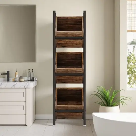 Lirago Brown Powder Coated Metal and Particle Board 3-Tier Wine Rack 14.6x11.8x51.2 Inch Freestanding Storage image {6}