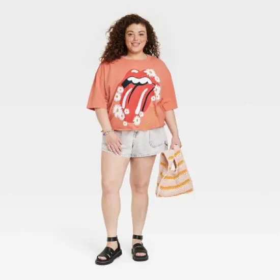 Women's The Rolling Stones Daisy Floral Short Sleeve Graphic Crop T-Shirt - Orange image {2}
