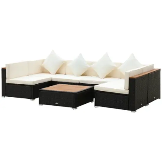 Outsunny 7-Piece Outdoor Wicker Sofa Set, PE Rattan Sectional Furniture Patio Couch w/ Acacia Top Coffee Table & Cushion for Garden, Backyard, image {2}