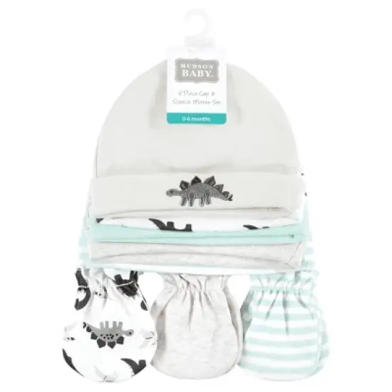 Hudson Baby Unisex Baby Cotton Cap and Scratch Mitten Set, Neutral Dino, 0-6 Months image {1}