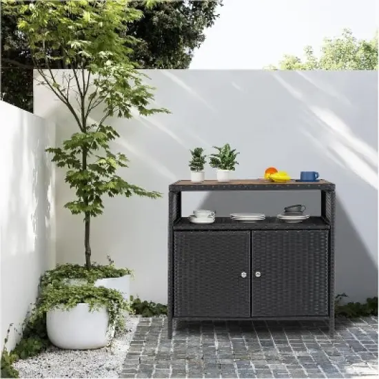 Versatile Outdoor Wicker Storage Cabinet with Shelf & Weather-Resistant Patio Bar Table, Convenient Access image {6}