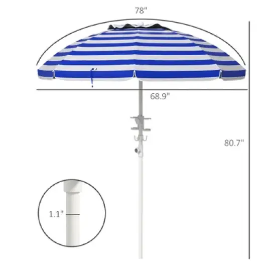 DOMETOUR 5.7' Portable Beach Umbrella with Tilt, Adjustable Height, 2 Cup Holders & Hooks, with Vented Canopy, Blue White Stripe image {8}