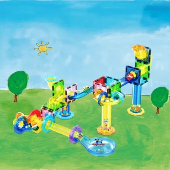 PICASSO-TILES Marble Run Magnetic Tiles for Kids, 62PCS Pete the Cat Theme, Construction Magnet Tiles Race Track Building Blocks STEM Toy image {2}