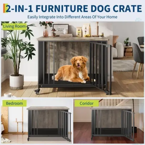 Heavy Duty Dog Crate Furniture with Wheels, 39'' Dog Kennel Furniture with Removable Tray, Wooden Pet Cage Indoor, Decorative Side End Table image {1}