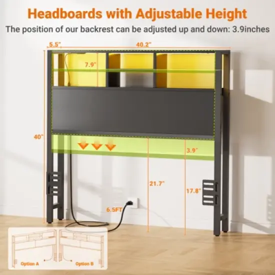 Aheaplus Storage Headboard with Power Outlets & Led Lights, Height Adjustable, Reversible Headboard image {1}