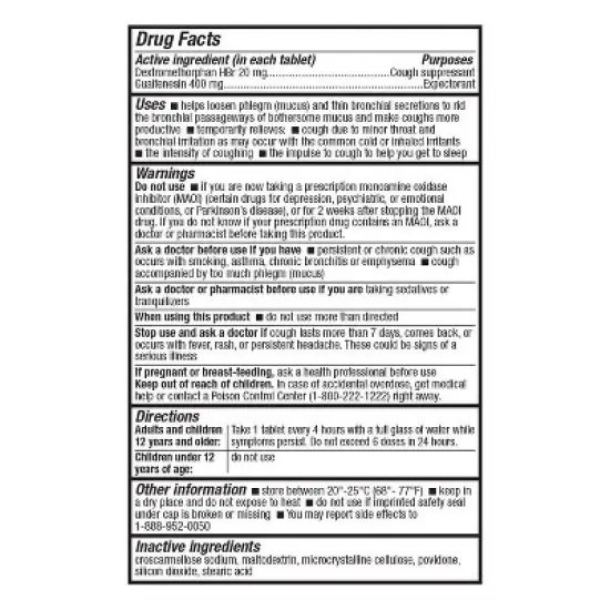 HealthA2Z &ndash; Mucus Relief DM with Dextromethorphan HBr 20 mg & Guaifenesin 400 mg &ndash; Cough Suppressant & Expectorant &ndash; Immediate Release &ndash; 200 Tablets image {1}