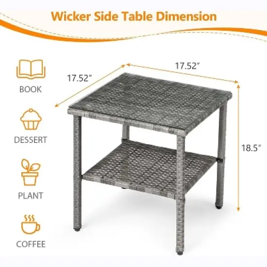 VINGLI Outdoor Wicker Side Table Patio Side Tables for Outside, Tempered Glass Top Wicker Table with Storage End Table for Patio Balcony Porch Deck image {2}