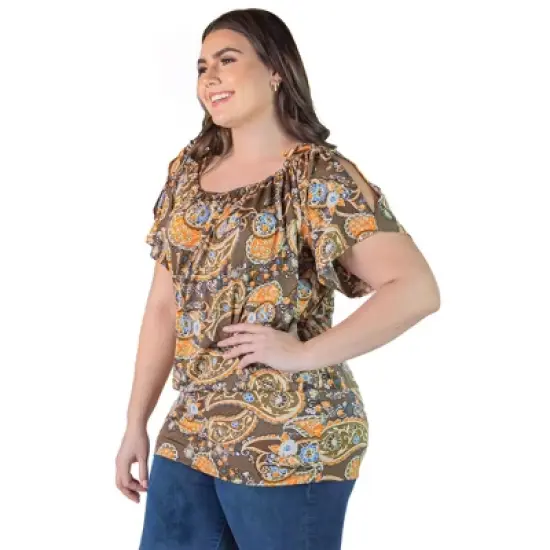 Women's Plus Size Brown Paisley Top with Short Sleeves and Slit Shoulders image {3}