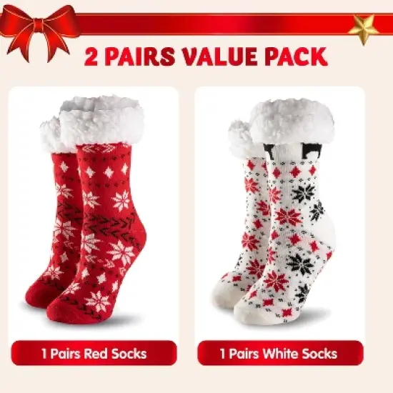 Joyfy 2 PCS Christmas Socks, Womens Soft Fleece Fuzzy Slipper Crew Socks, Holiday Birthday & Xmas Party Gifts image {1}