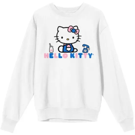 Hello Kitty Phone Graphic Crew Neck Long Sleeve White Fleece Women's Tee image {6}