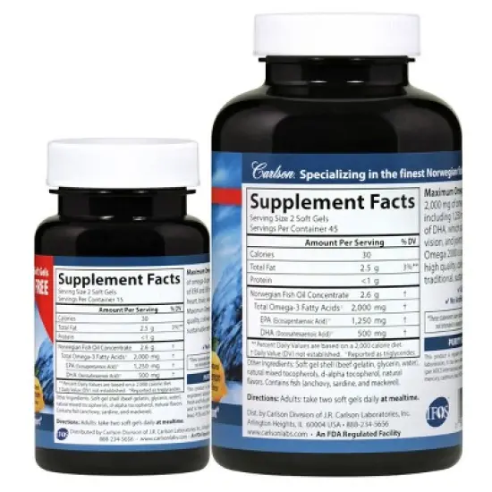 Carlson - Maximum Omega 2000, 2000 mg Omega-3s, Norwegian, Wild Caught, Sustainably Sourced, Lemon image {2}
