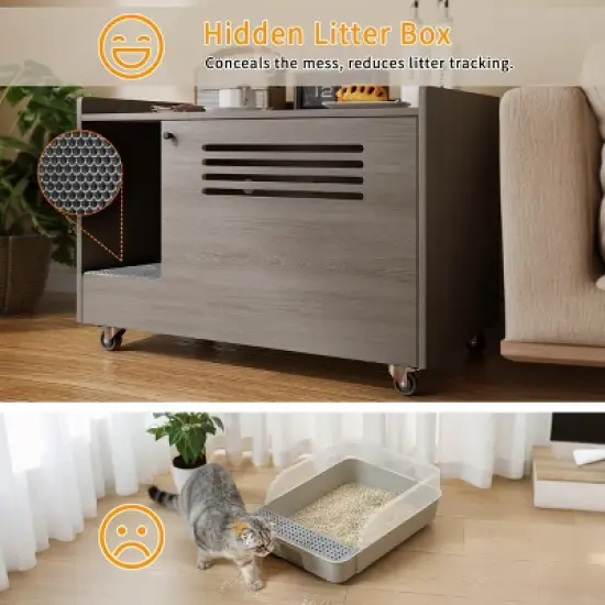 DOMETOUR Gray Cat Litter Box Enclosure, Hidden Litter Box Furniture with Top Fence, Wooden Pet House Side Table, Storage Cabinet for Bedroom image {7}