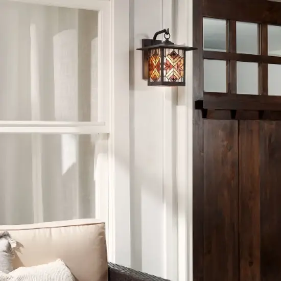 11.75" Stained Glass 1-Light Tiffany Style Bronze Outdoor Lantern Wall Sconce - River of Goods image {2}