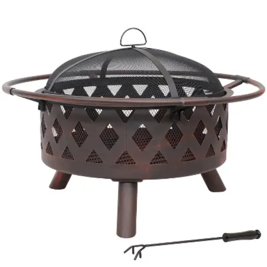 Sunnydaze Outdoor Camping or Backyard Crossweave Cut Out Fire Pit with Spark Screen, Log Poker, and Metal Wood Grate - Bronze image {4}