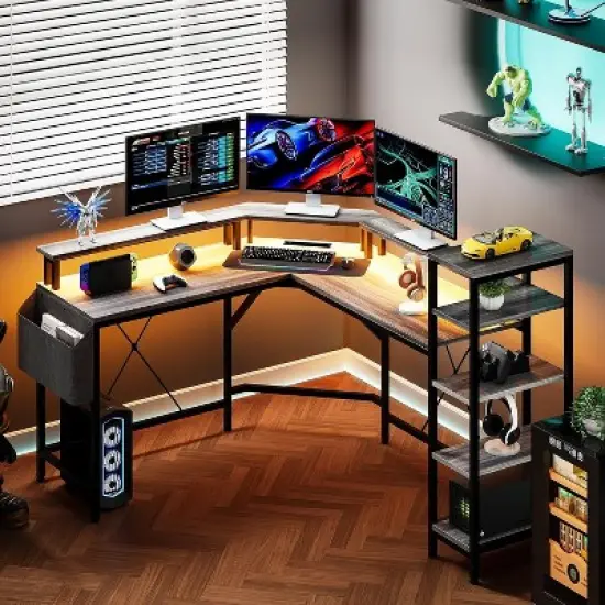 L Shaped Gaming Desk with Power Outlet & Led Lights, L-Shaped Corner Computer Desks Gaming Desk with 5 Shelves and Storage Bag, Pc Table Gray image {3}