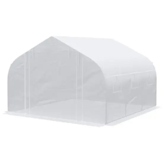 Outsunny 12' x 10' x 7' Walk-in Outdoor Tunnel Greenhouse, PE Cover, Steel Frame, Roll-Up Zipper Door & 6 Windows for Tropical Plants, White image {3}