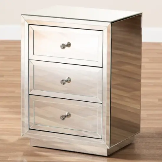 Lina Mirrored 3 Drawer Nightstand Bedside Table Silver - BaxtonStudio image {3}