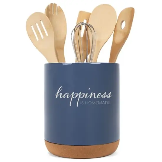 Elanze Designs Happiness is Homemade Ceramic Cork Bottom Navy Blue Large Capacity Utensil Holder Crock for Countertop Storage, Stylish & Durable for image {4}