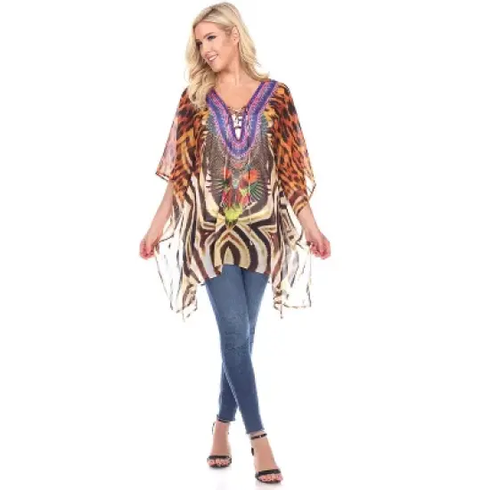 Women's Animal Print Caftan with Tie-up Neckline - One Size Fits Most - White Mark image {5}
