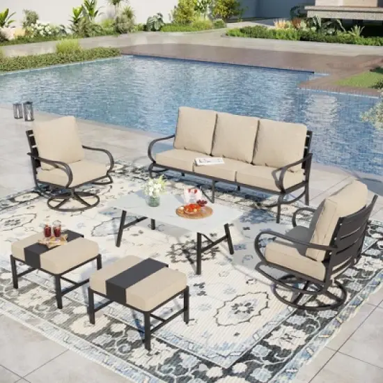 Captiva Designs 6pc Metal Patio Furniture Conversation Set with Swivel Chairs and Ottomans for Garden Porch Backyard image {9}