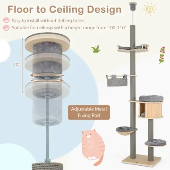Tangkula 6-tier Floor-to-Ceiling Cat Tree w/ Cat Condo Hammock Scratching Posts Platform image {9}