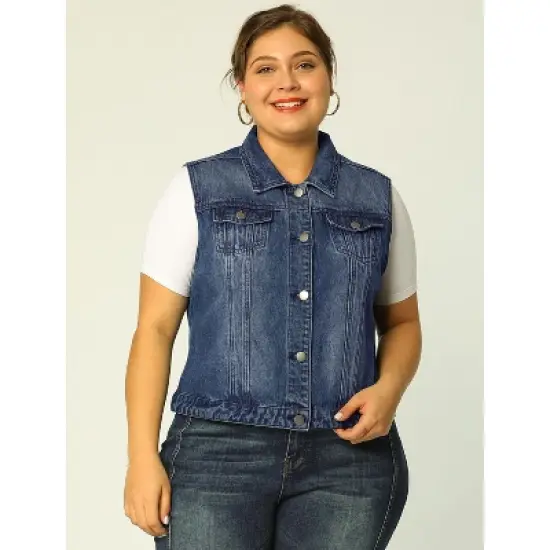 Agnes Orinda Women's Plus Size Buttons with Two Chest Flap Pockets Denim Vests image {2}
