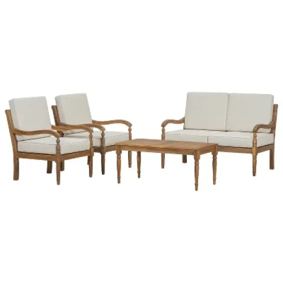 Christopher Knight Home Pendry 4 Piece Outdoor Acacia Wood Chat Set with Water Resistant Cushions image {3}