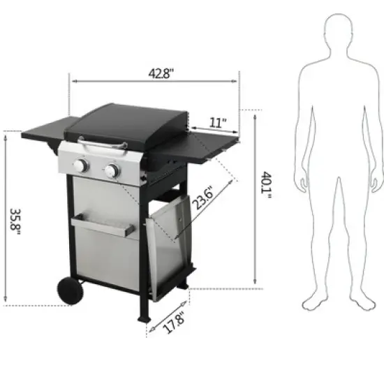 2-Burner Propane Gas Grill with Stainless Steel Plancha, Wire Enamel Grids, Foldable Side Table, Hanging Basket, Pull-Out Oil Pan, 24,600 BTU BBQ image {3}