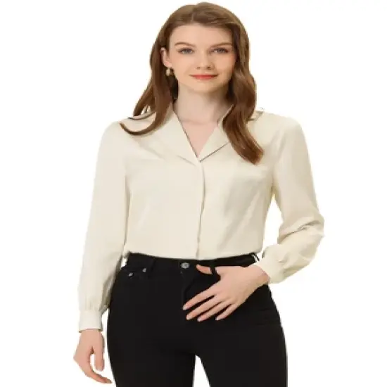 Allegra K Women's Elegant Collar V Neck Long Sleeve Work Office Satin Button Down Shirt image {8}