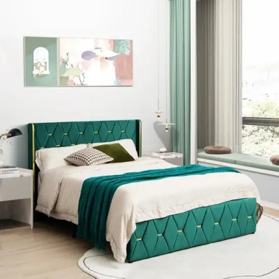 Costway  Upholstered Platform Bed Frame Adjustable Headboard Footboard Modern Green image {4}