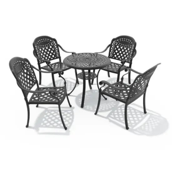 5-Piece Cast Aluminum Outdoor Dining Set with Red Cushions, Round Table & Stackable Chairs - for Patio, Backyard image {3}