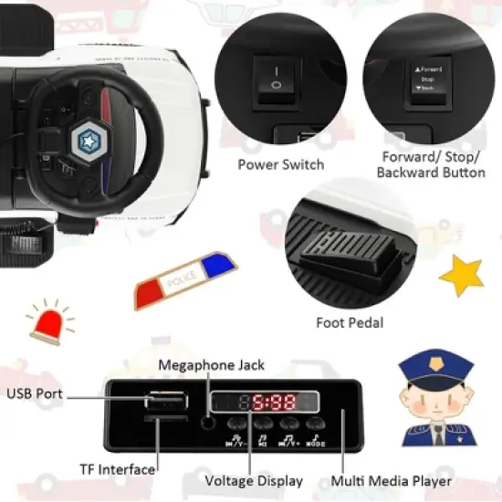 Costway 2-in-1 6V Kids Ride On Police Car Toddler Push Car w/ Megaphone & Siren White\Black image {8}