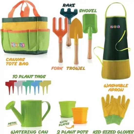 Kids Gardening Tool Set 12 PCS - Kids Gardening Tools with Shovel, Rake, Fork, Trowel, Apron, Gloves Watering Can and Tote Bag - Play22usa image {2}