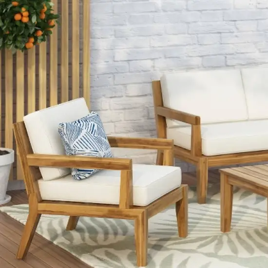 Christopher Knight Home Rossville Acacia Wood Outdoor Patio Club Chair with Cushions Teak/Beige image {1}