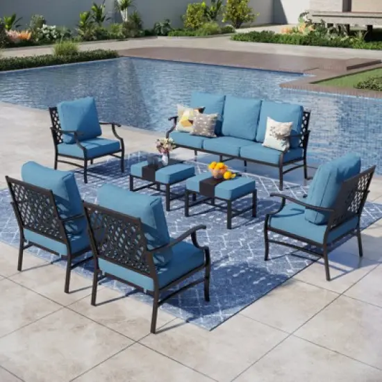 Captiva Designs 7pc Metal Patio Outdoor Conversation Set with Grid-back Armchairs, Ottomans for Garden, Poolside, Backyard image {10}