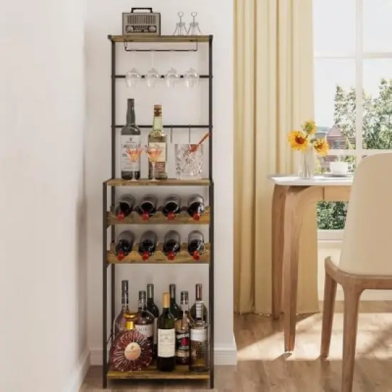 Itopfox 5-Tier Freestanding Wine Rack with Glasses Holder and 4 S Hooks, Corner Mini Bar Cabinet for Small Spaces, Holds 8 Bottles image {2}