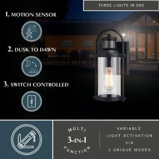 VAXCEL Winfield 5.75-in. 1 Light Black Motion Sensor Dusk to Dawn Outdoor Wall Lantern Clear Glass image {1}