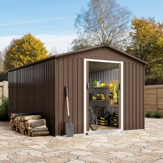 10X10 FT Outdoor Storage Shed, Galvanized Steel Storage Shed, Steel Sliding Doors, Weather Resistant, Garden Tool Shed with Lockable Door image {7}