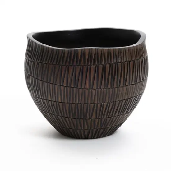 LuxenHome Brown with Black V-Pattern Polyresin 10-Inch Round Planter image {6}
