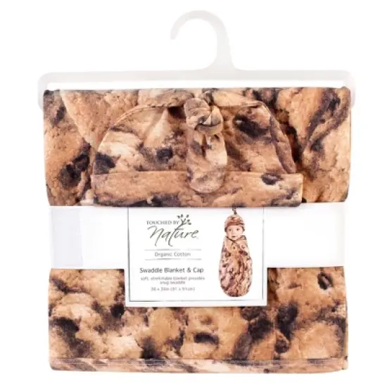 Touched by Nature Unisex Baby Organic Cotton Swaddle Blanket and Cap, Cookie, 0-6 Months image {1}