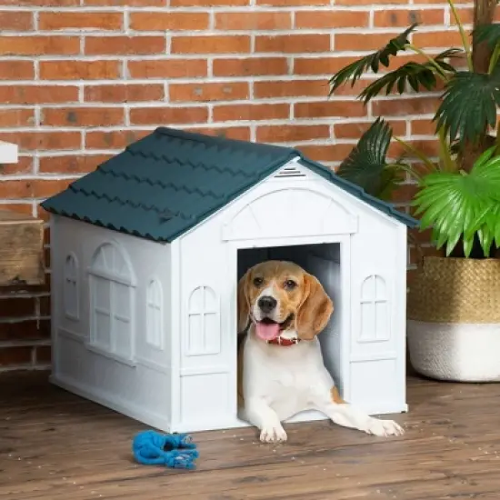 Resenkos Plastic Dog House, Water Resistant Puppy Shelter Indoor Outdoor with Door, Easy to Assemble, for Medium and Small Dogs, Blue image {7}